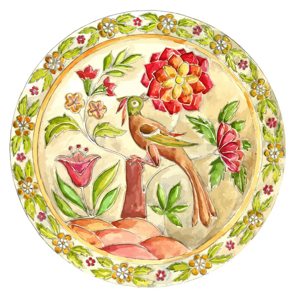 Sagolika fågeln. Dekorativa plattan i Gzhel stil. Ryska målade — Stock vektor