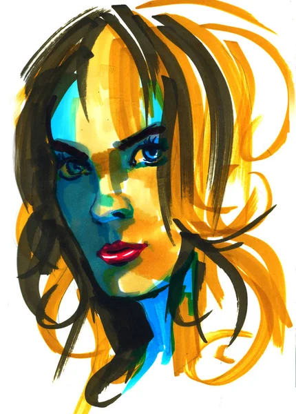 Moda kız illüstrasyon. El bir genç kadın modeli yüzü çizilmiş portresi. Kroki, marker, suluboya. — Stok fotoğraf