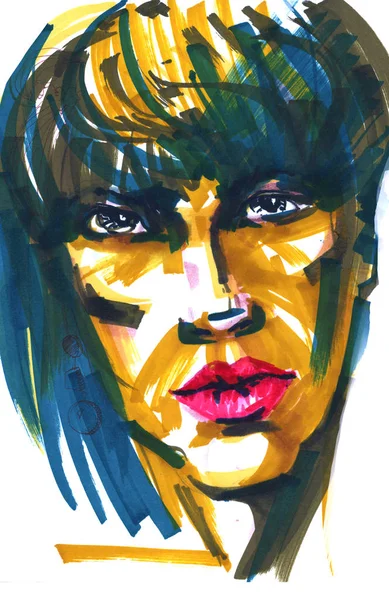 Moda kız illüstrasyon. El bir genç kadın modeli yüzü çizilmiş portresi. Kroki, marker, suluboya. — Stok fotoğraf