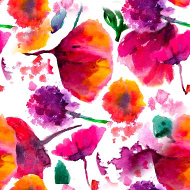 Sorunsuz arka plan deseni haşhaş, Peygamber, lily, papatya, gül yaprakları ve beyaz uğur böceği ile. Elle çizilmiş