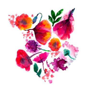 Poppy, Peygamber, lily, papatya, gül ve uğur böceği beyaz arka plan. Elle çizilmiş