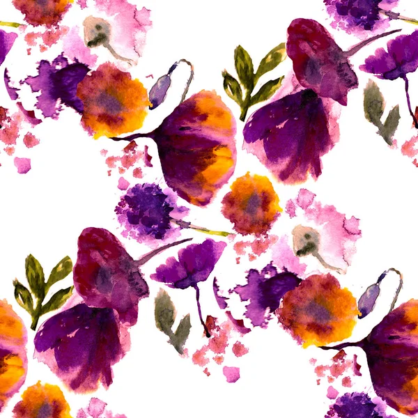 Nahtlose Hintergrundmuster Mohn, Kornblumen, Lilie, Kamille, Rosen mit Blättern und Marienkäfer auf weiß. Handgezeichnet — Stockfoto