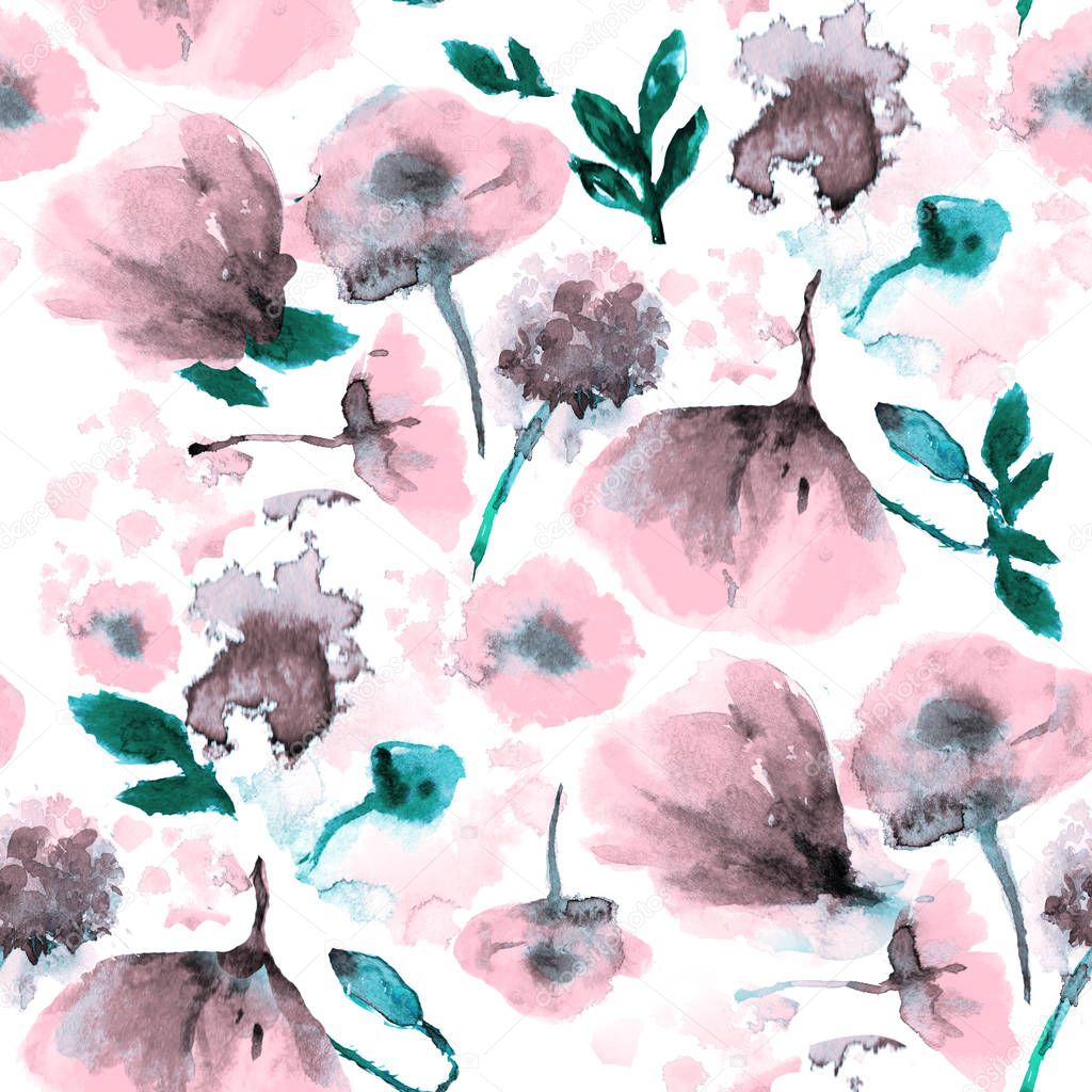 Seamless background pattern poppy, cornflowers, lily , camomile, roses with leaves and ladybird on white. Hand drawn