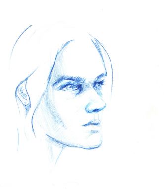 Elle çizilmiş kalem çizimi ve bir kız yüzü. Kadın portresi.