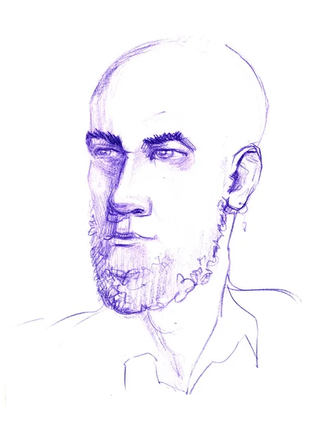Dibujo ilustración de la cara del hombre. La cabeza de un hombre adulto con barba pintada con un lápiz. Punk rockero barbudo —  Fotos de Stock