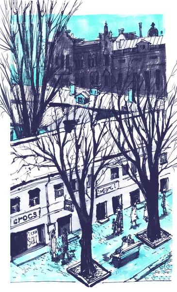 Hand getrokken schets van de stad voor uw ontwerp. Over Bekijk artistieke foto van Odessa. Oekraïne — Stockfoto