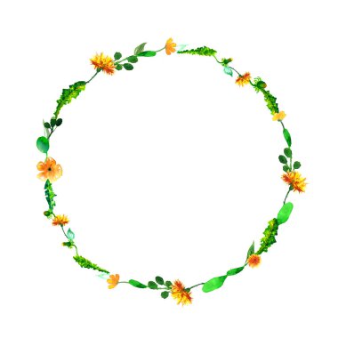 Çelenk, suluboya çiçek, karahindiba fuzzies, elle düğün tasarım, tebrik kartı veya davet için çizilmiş daire çerçeve