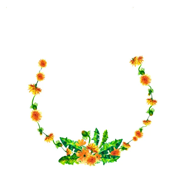 Wreath, circle frame with the watercolor flowers, dandelion fuzzies, hand drawn for wedding design, greeting card or invitation