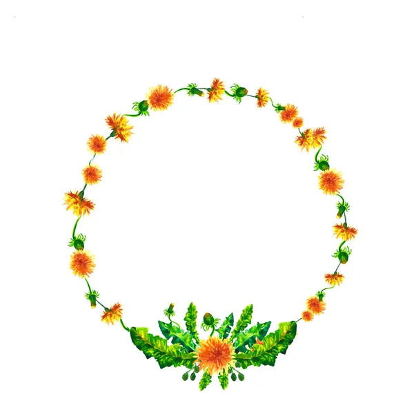 Krans, cirkel ram med akvarell blommor, Maskros fuzzies, handritad bröllop design, gratulationskort eller inbjudan — Stockfoto