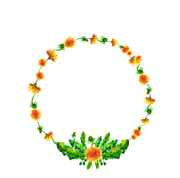 Wreath, circle frame with the watercolor flowers, dandelion fuzzies, hand drawn for wedding design, greeting card or invitation