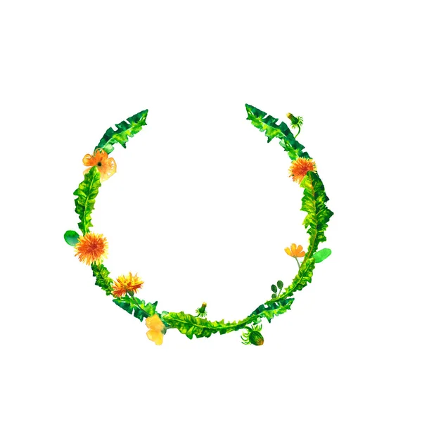 Στεφάνι, κύκλος πλαίσιο με το fuzzies ακουαρέλα λουλούδια, πικραλίδα, χέρι για το γάμο σχεδιασμό, ευχετήρια κάρτα ή πρόσκληση — Φωτογραφία Αρχείου