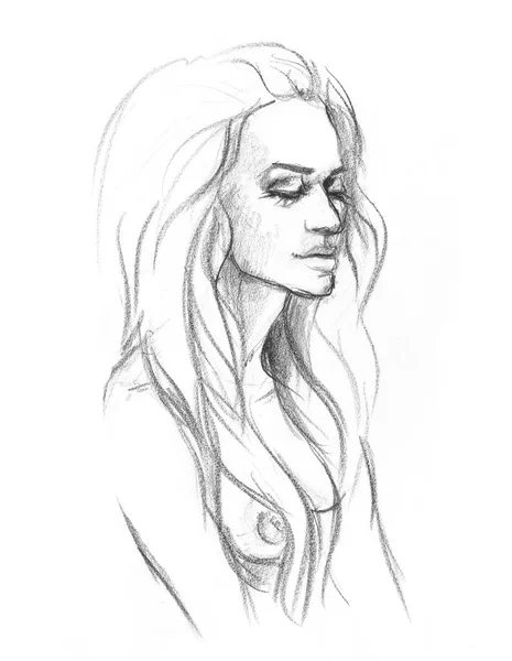 Çıplak bir kız portresi. Bir kalemle çizim. — Stok fotoğraf