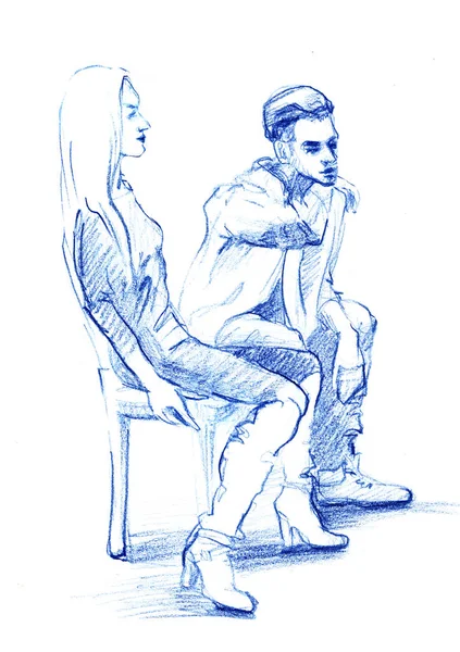 Олівець ізольований силует дівчини і хлопця сидять — стокове фото