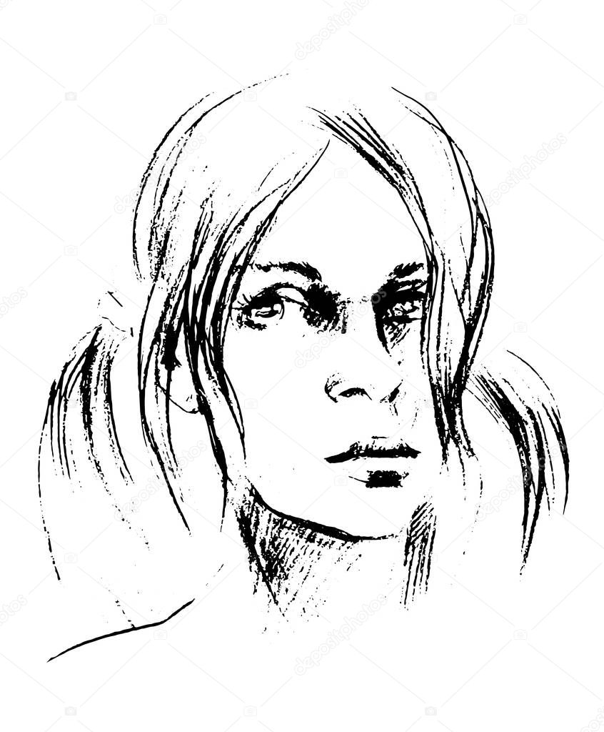 Vector Hand drawn pencil sketch with face of a girl. Female portrait.
