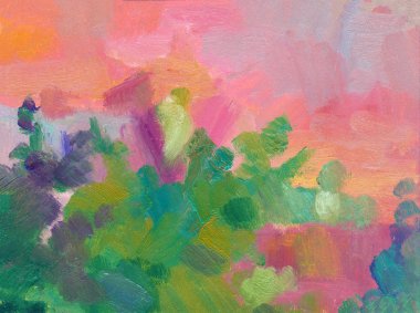 Yağlı boya peyzaj arka plan soyut. Denizin kenarında romantik bir renkli gündoğumu tuval üzerine yağlı boya. Soyut Yağlıboya Resim