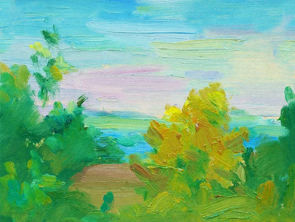 Astratto olio pittura paesaggio sfondo. Dipinto ad olio del mare E alberi, tramonto multicolore all'orizzonte. astratto olio texture sfondo — Foto Stock