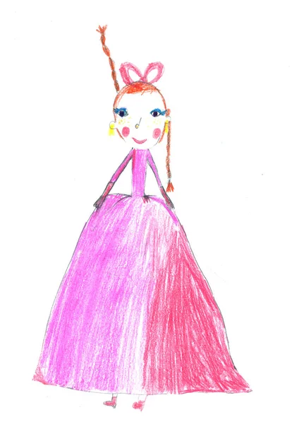 Fille dessinée à la main dans un style naïf. Mignon dessin des enfants de la mère ou de la princesse — Photo