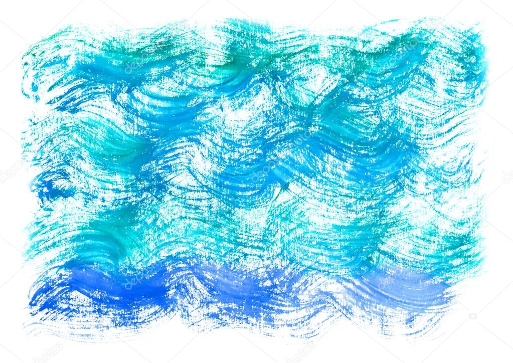 watercolor blue background. Watercolor artistic sea wave, water, sky.