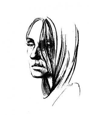 Vektör El, üzerinde bir kız resmi olan kalem çizimi. Kadın portresi.
