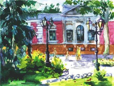 Odessa, Ukrayna, sahne Town suluboya kağıdı doku arka plan üzerinde vektör suluboya manzara.