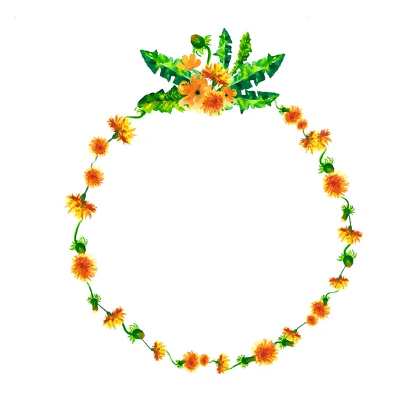Corona vectorial, marco de círculo con las flores de acuarela, pelusas de diente de león, dibujado a mano para el diseño de la boda, tarjeta de felicitación o invitación — Vector de stock