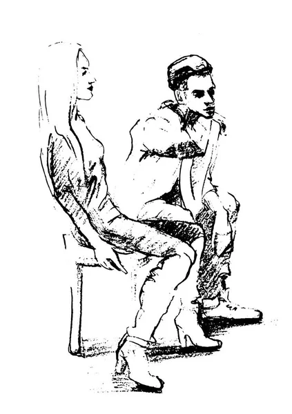 坐在一个女孩和一个家伙铅笔孤立的剪影 — 图库矢量图片