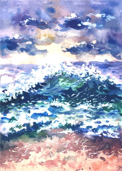 Paesaggio vettoriale con mare surf, dipinto ad acquerello. Passera di mare . — Vettoriale Stock