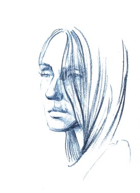 Vektör El, üzerinde bir kız resmi olan kalem çizimi. Kadın portresi.