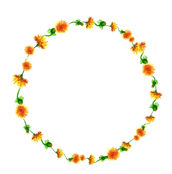 Corona vectorial, marco de círculo con las flores de acuarela, pelusas de diente de león, dibujado a mano para el diseño de la boda, tarjeta de felicitación o invitación — Vector de stock