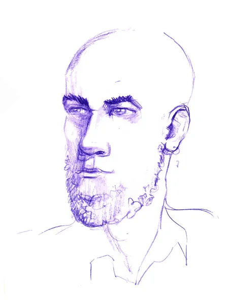 Vektor Zeichnung Illustration des Menschen Gesicht. Der Kopf eines erwachsenen Mannes mit einem mit Bleistift bemalten Bart. Punk-Rocker bärtig — Stockvektor