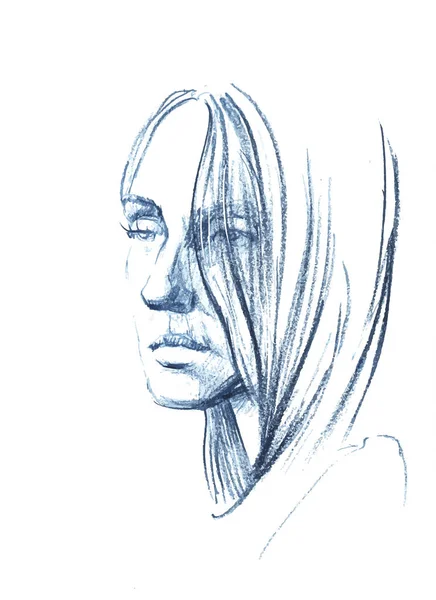 Vektör El, üzerinde bir kız resmi olan kalem çizimi. Kadın portresi.