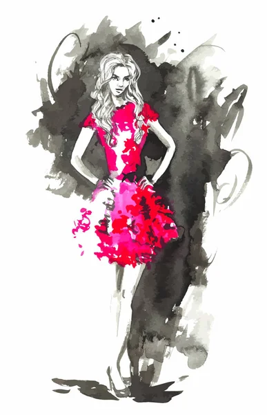 Mode vectorielle femme en rouge. Illustration aquarelle . — Image vectorielle