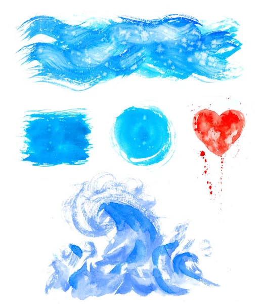 Kézi akvarell festészet textúrák. Kék foltok, direkt csepp vízcseppek készlet. — Stock Fotó