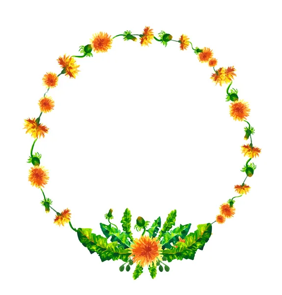 Vector krans, cirkel ram med akvarell blommor, Maskros fuzzies, handritad bröllop design, gratulationskort eller inbjudan — Stock vektor