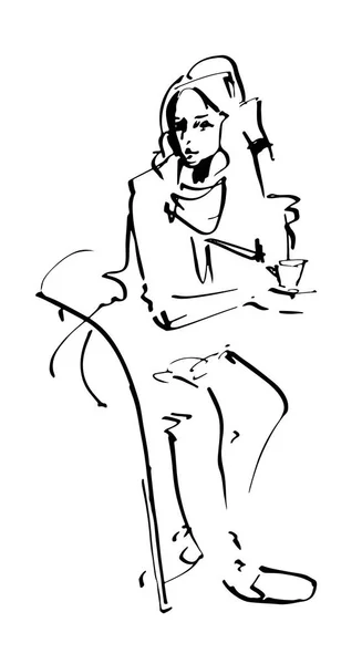 Bir kafede bir masada bir fincan kahve ile oturan güzel kız. Vektör çizim. — Stok Vektör