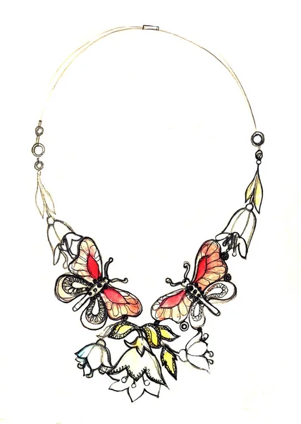 Watercolor jewelry illustration, necklace fashion sketch, Jewelry Design butterfly vintage necklace. Hand drawing and painting on paper. — Stock Photo, Image