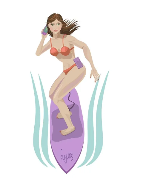 Flicka surfare som ringer på en mobiltelefon — Stock vektor