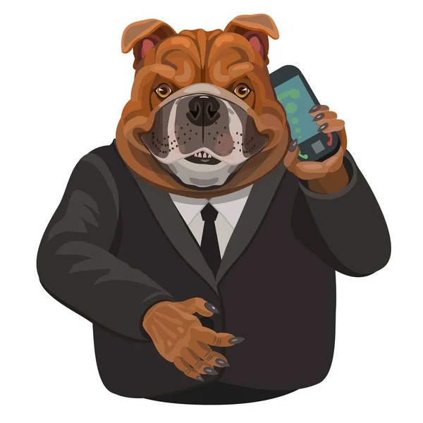 Hund bulldog talar i en mobiltelefon — Stock vektor