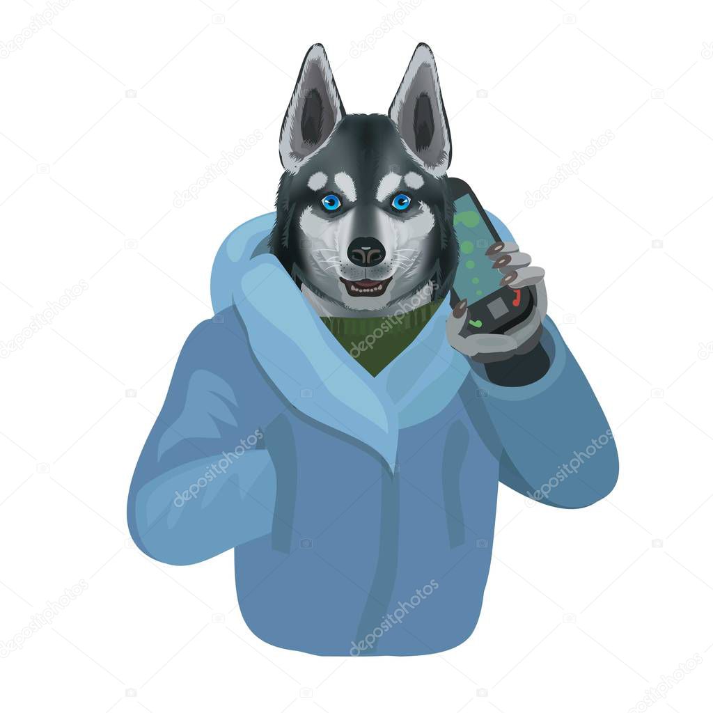 Husky dog talking on a cell phone