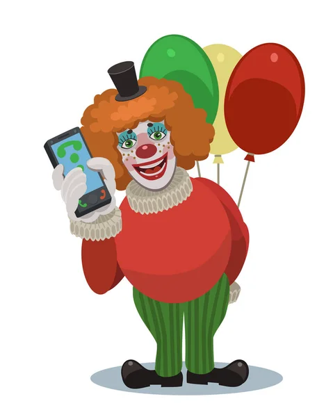 Un payaso se ríe con el teléfono y los globos — Archivo Imágenes Vectoriales