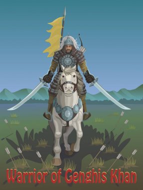 Çölde at sırtında savaşçı iki kılıç, Cengiz Han / Cengiz Han'ın elinde iki kılıç o uçan kartal iki kanat olarak bozkır içinde atlar atlı, o savaşçıdır düşmanları ile savaşır korkusuz! 
