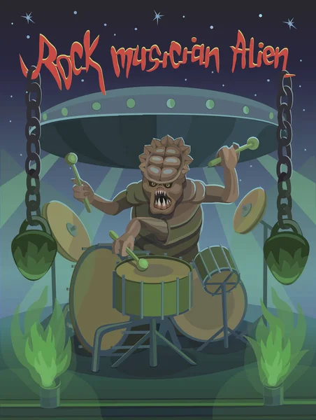 Rock müzisyeni uzaylı üzerinde bateri çalıyor / Rock müzisyen uzaylı bateri, ağır çalıyor ve agresif rock müzik sarkan zincirleri bir tür ağır ağırlık ile oluşturur.!