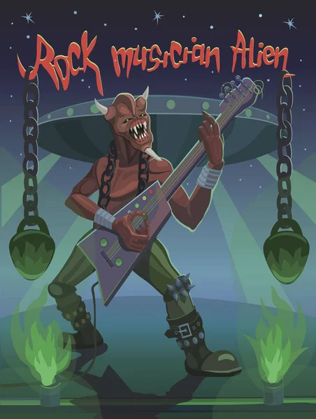Músico Rock Alien Toca Música Guitarra Músico Rock Toca Alienígena —  Vetores de Stock