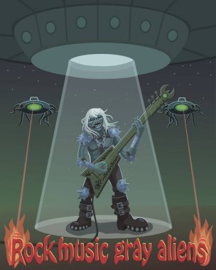 Rock müzik uzaylılar gri / müzisyen gri uzaylı çalış gitar Rock, onun performansı gemi uzayda rock festivalinde ışınlarının aydınlatır!