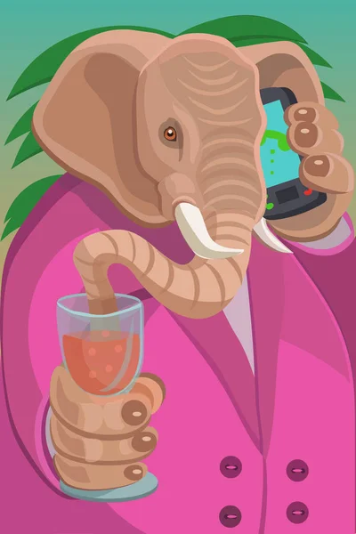 Elefante Grande Una Giacca Che Tiene Cocktail Tronco Drena Liquido — Vettoriale Stock