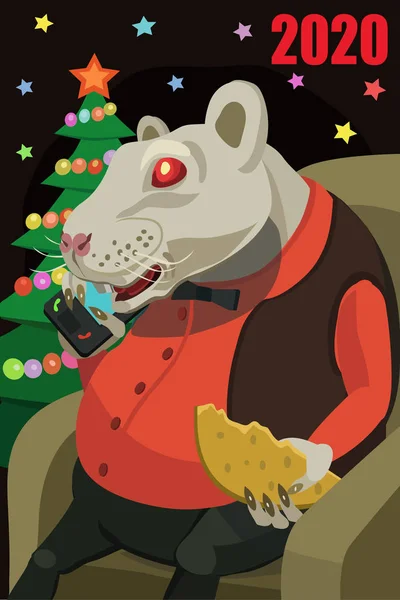 Beyaz farenin yılı 2020, sandalyede mutlu bir şekilde oturuyor yemek peyniri var, cep telefonundan arıyor ve herkese mutlu yıllar diliyor.!