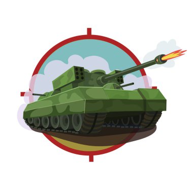 Tankın etrafında makineli tüfeklerle donatılmış ve muharebe manevrası kılığında düşmana füzeler ateşleyen zırhlı bir tank.