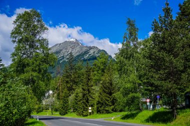 Sabah yüksek Tatra dağ sırtı. Asfalt karayolu yeşil tepelerin üzerinden yüksek tepeler için yol açar..