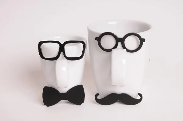 Two coffee cups in mans image. Hipster style, glasses, mustache, bow tie — Stock Photo, Image