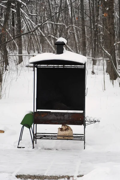 Churrasqueira ao ar livre para um churrasco no quintal de inverno — Fotografia de Stock